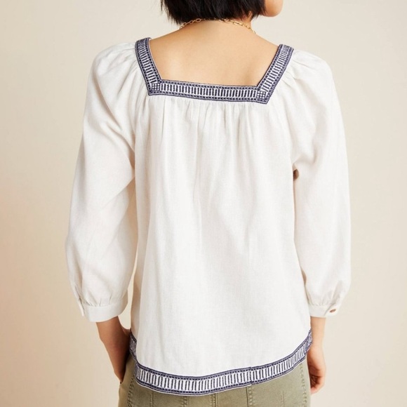 NWT Anthropologie Maeve Liyah Embroidered Top Cotton Linen Navy White Size 8 - Picture 3 of 15